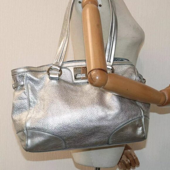 CELINE Tote Bag Leather Silver Authentic - Picture 1 of 14